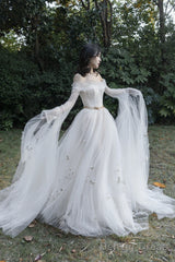 Ivory Tulle Long Sleeve Prom Dress, A-Line Evening Dress With Butterfly