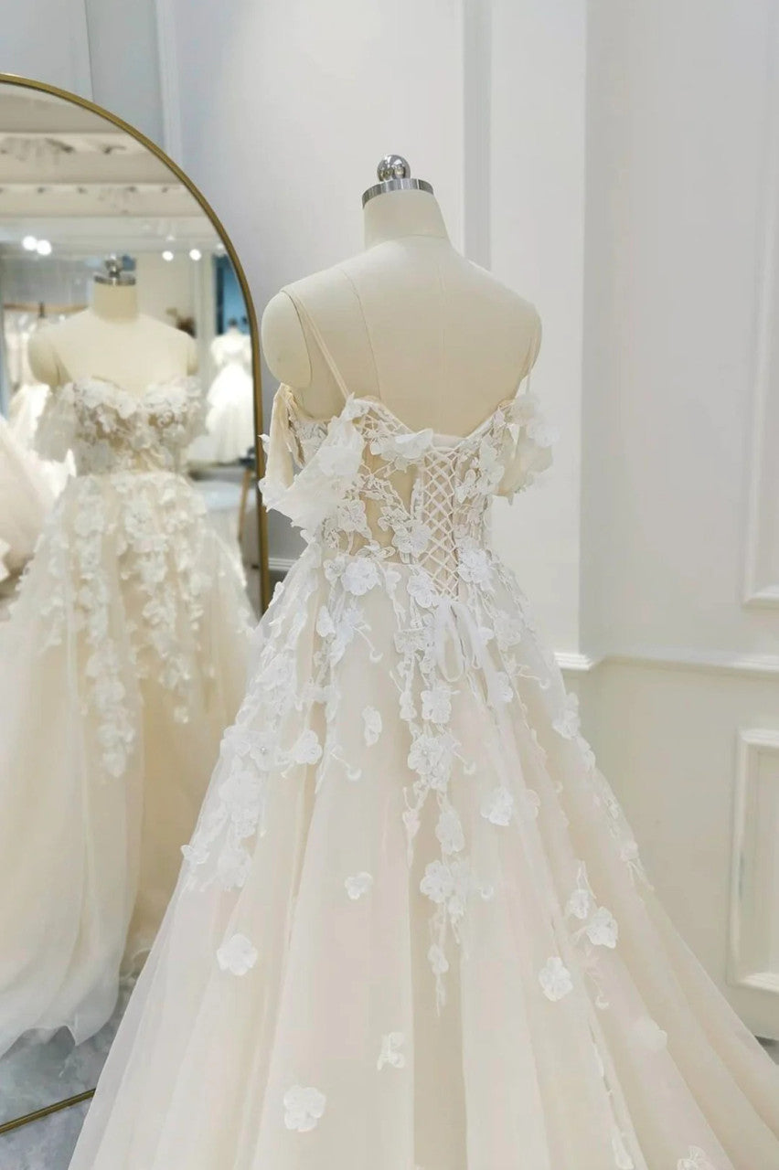 Ivory Tulle Off the Shoulder Appliques Wedding Dress