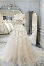 Ivory Tulle Off the Shoulder Appliques Wedding Dress