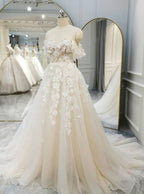 Ivory Tulle Off the Shoulder Appliques Wedding Dress