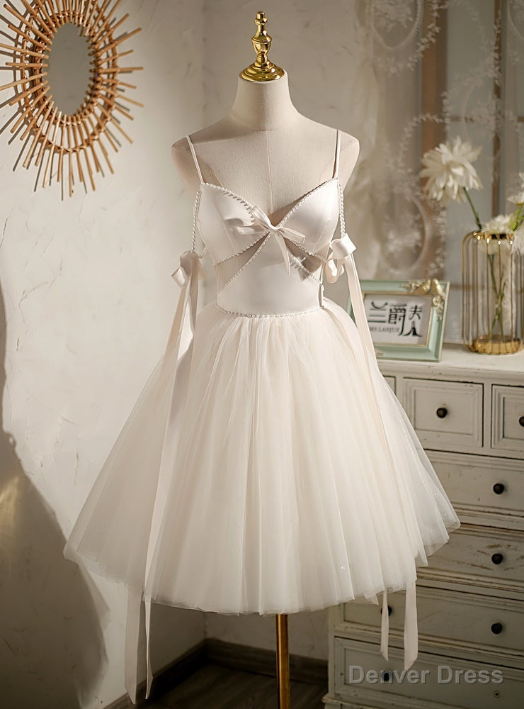 Ivory Tulle Satin Spaghetti Straps Pearls Homecoming Dresses Main image