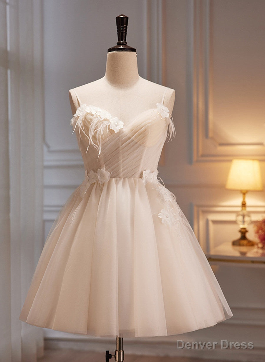 Ivory Tulle Short Homecoming Dress with Flowers, Ivory Short Prom Dresses