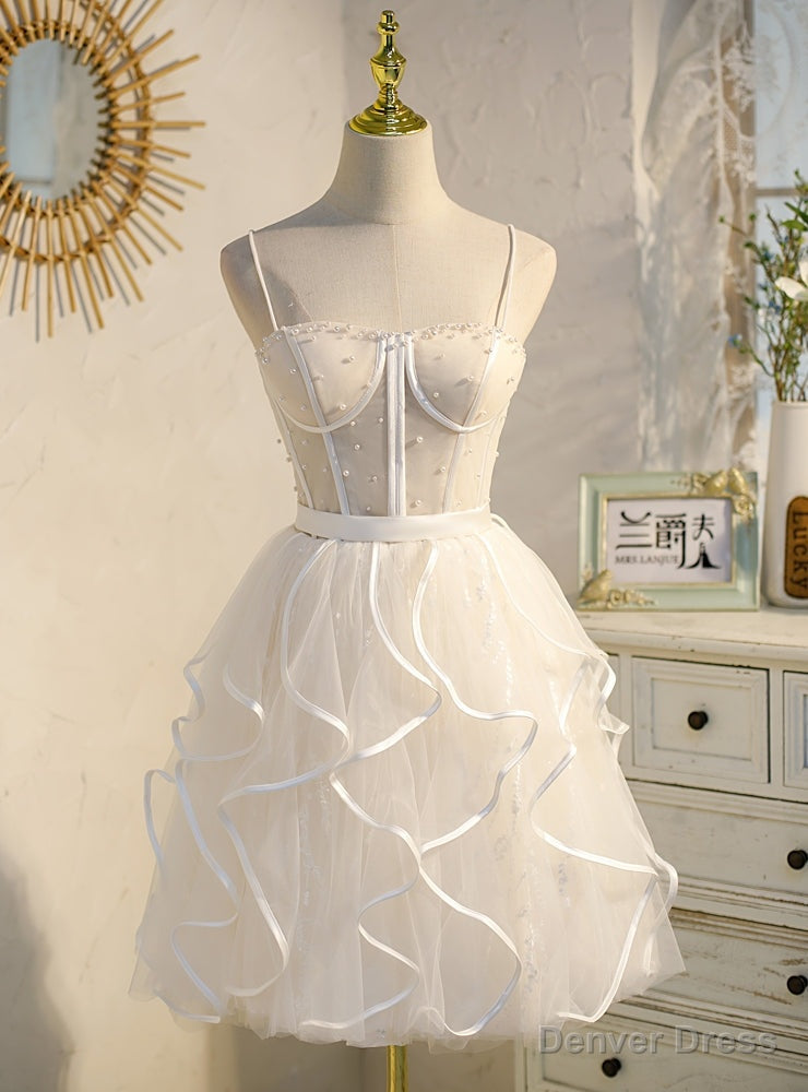 Ivory Tulle Spaghetti Straps Pearls Homecoming Dresses