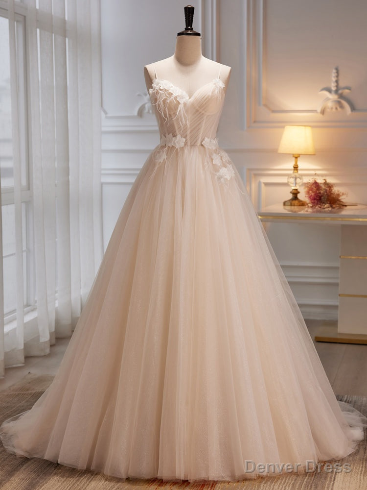 Ivory Tulle Spaghetti Straps Pleats Flower Wedding Dresses Main image