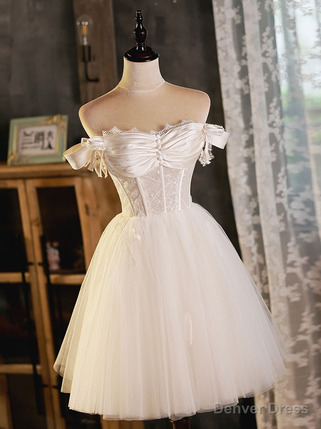 Ivory Tulle Sweetheart with Lace Short Prom Dress, Ivory Homecoming Dresses Secondary image