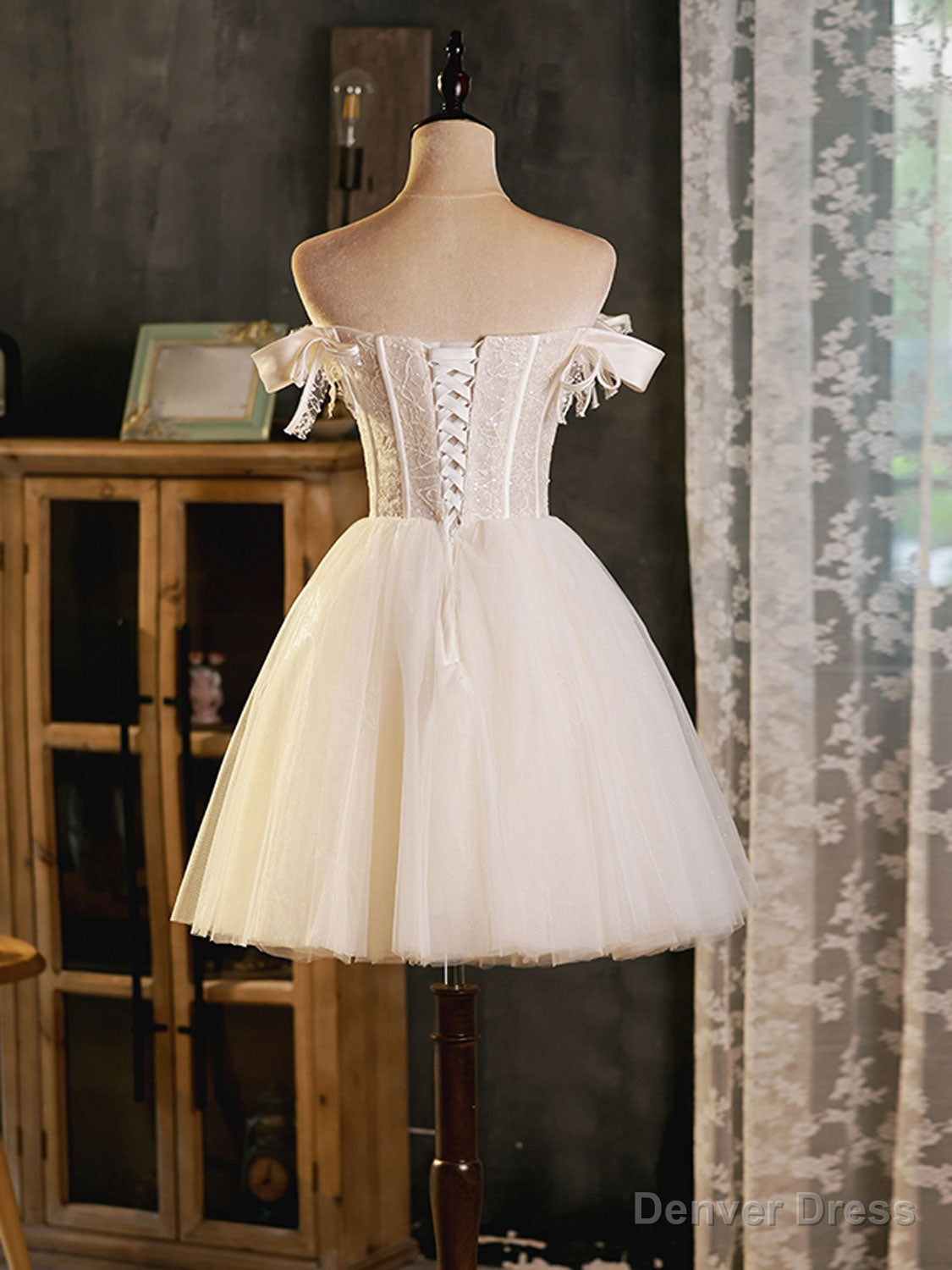 Ivory Tulle Sweetheart with Lace Short Prom Dress, Ivory Homecoming Dress Main image