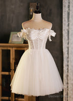 Ivory Tulle Sweetheart with Lace Short Prom Dress, Ivory Homecoming Dresses