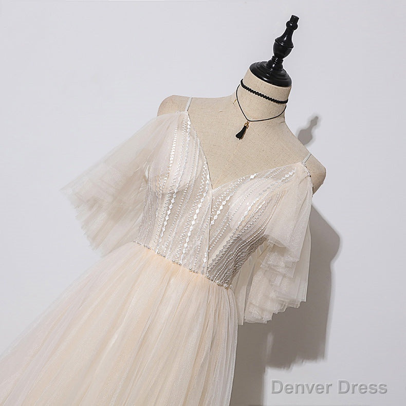 Ivory Tulle V Neckline Straps Off Shoulder Long Prom Dress, A Line Prom Dress Secondary image