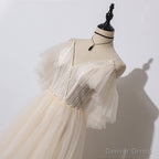 Ivory Tulle V Neckline Straps Off Shoulder Long Prom Dress, A Line Prom Dress