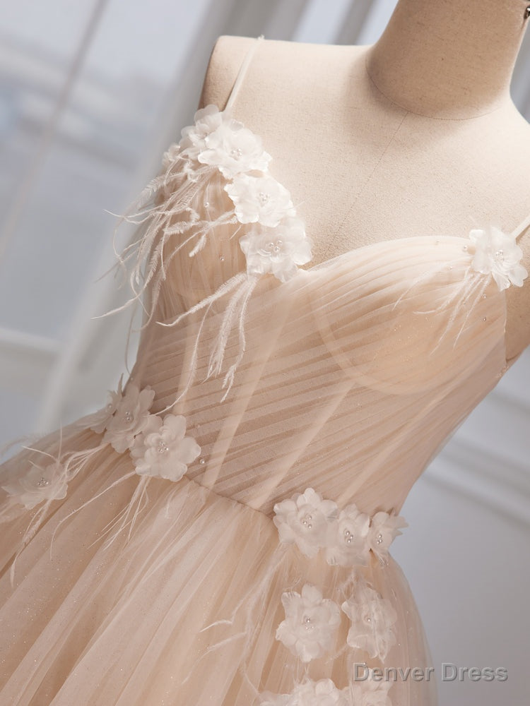 Ivory Tulle with Flowers Straps Prom Dress, A Line Ivory Prom Dresses