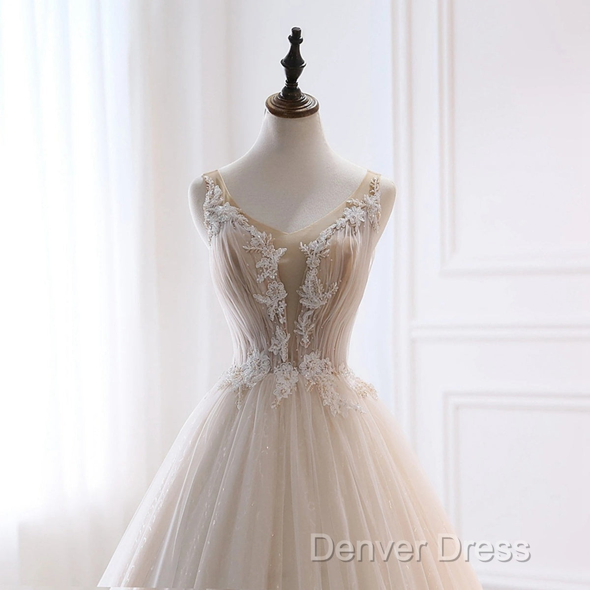 Ivory Tulle With Lace Long Wedding Party Dresses With Sweep Train, Ivory Formal Dresses