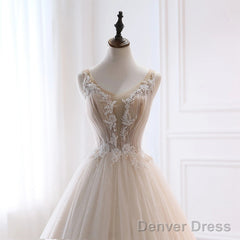 Ivory Tulle With Lace Long Wedding Party Dress With Sweep Train, Ivory Formal Dress