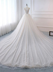 Ivory Tulle With Lace Long Wedding Party Dress With Sweep Train, Ivory Formal Dress
