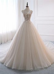 Ivory Tulle With Lace Long Wedding Party Dress With Sweep Train, Ivory Formal Dress