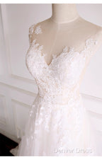 Ivory Tulle With Lace Round Neckline Long Wedding Party Dresses, Ivory Tulle Prom Dresses