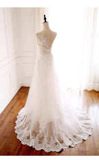 Ivory Tulle With Lace Round Neckline Long Wedding Party Dresses, Ivory Tulle Prom Dresses