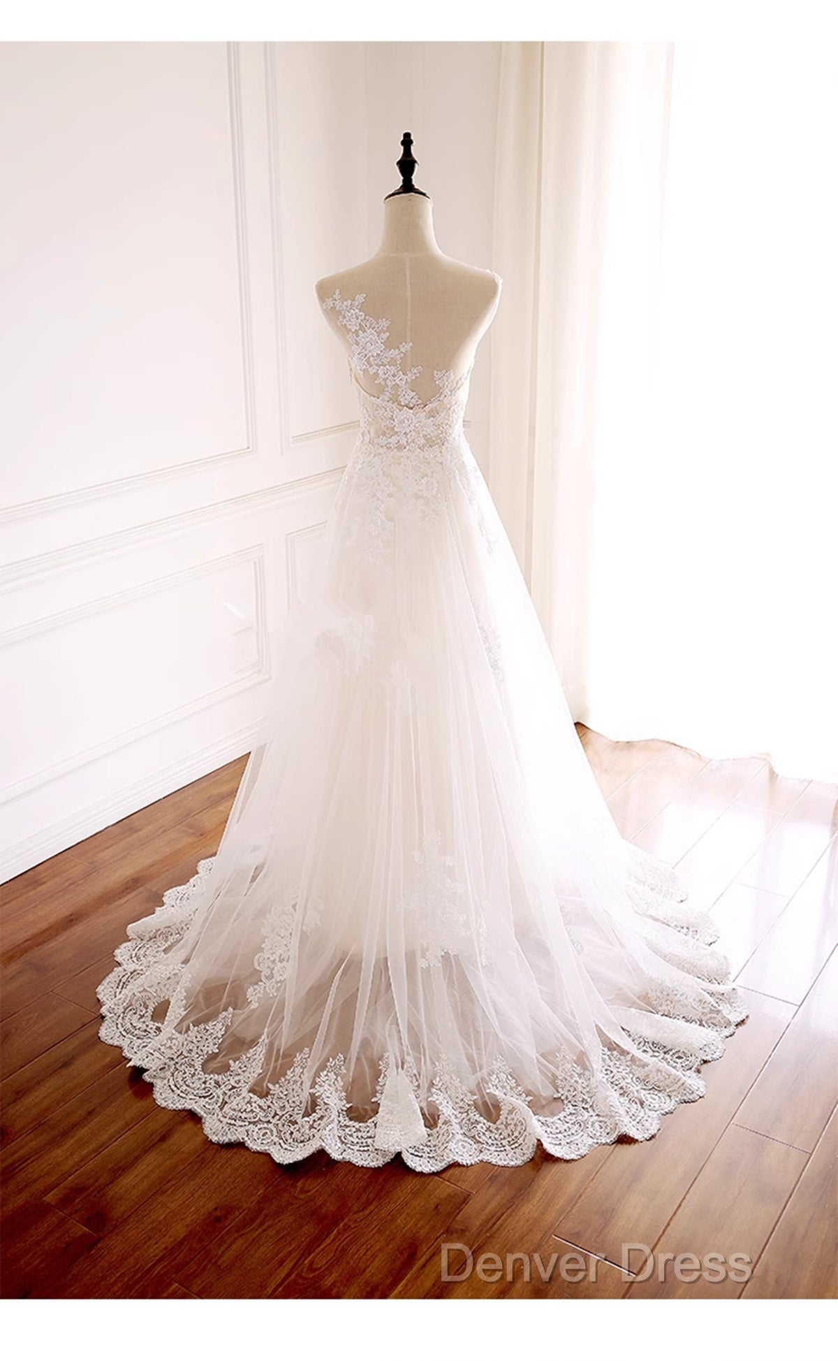 Ivory Tulle With Lace Round Neckline Long Wedding Party Dresses, Ivory Tulle Prom Dresses