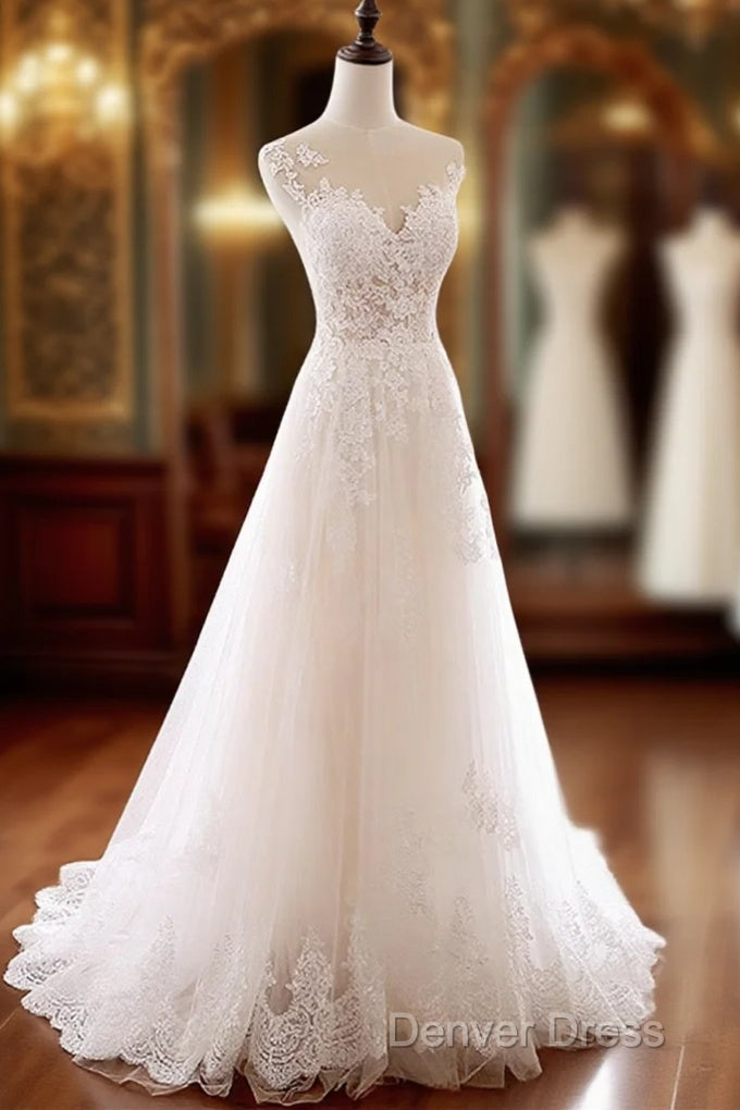 Ivory Tulle With Lace Round Neckline Long Wedding Party Dresses, Ivory Tulle Prom Dresses Main image