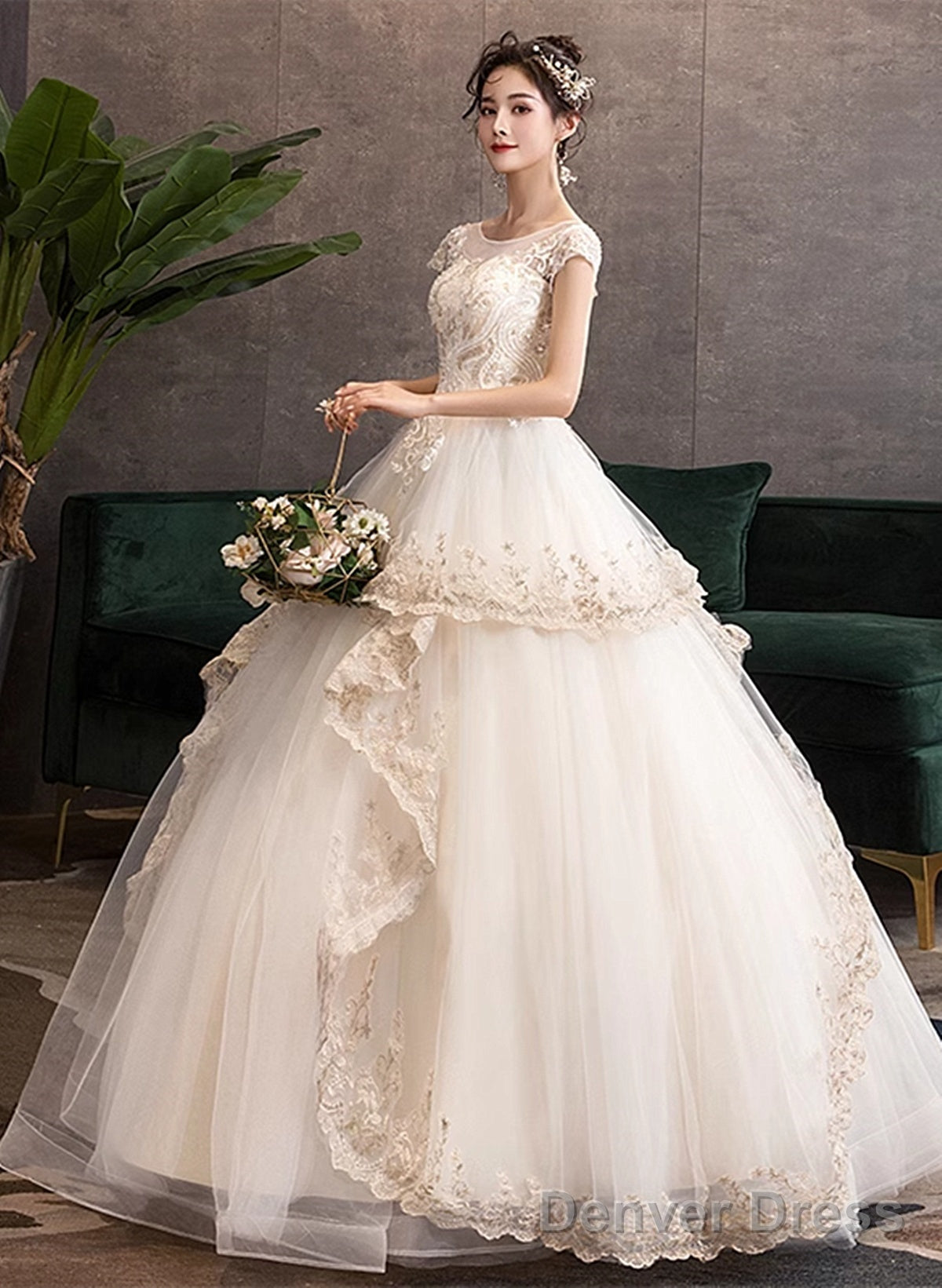 Ivory Tulle With Lace Short Sleeves Sweet 16 Dress, Ivory Tulle Ball Gowns Layers Prom Dresses