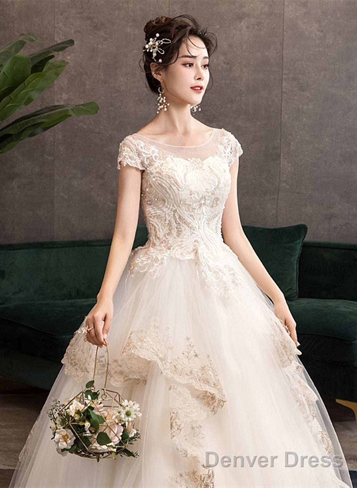 Ivory Tulle With Lace Short Sleeves Sweet 16 Dress, Ivory Tulle Ball Gowns Layers Prom Dresses