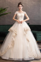Ivory Tulle With Lace Short Sleeves Sweet 16 Dress, Ivory Tulle Ball Gowns Layers Prom Dresses