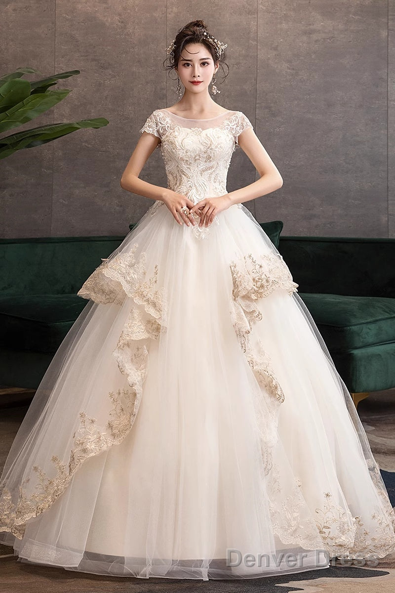 Ivory Tulle With Lace Short Sleeves Sweet 16 Dress, Ivory Tulle Ball Gowns Layers Prom Dresses