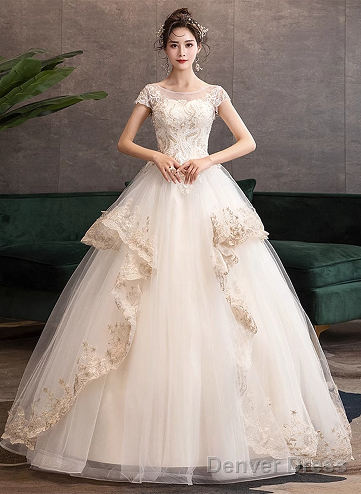 Ivory Tulle With Lace Short Sleeves Sweet 16 Dress, Ivory Tulle Ball Gowns Layers Prom Dresses Main image