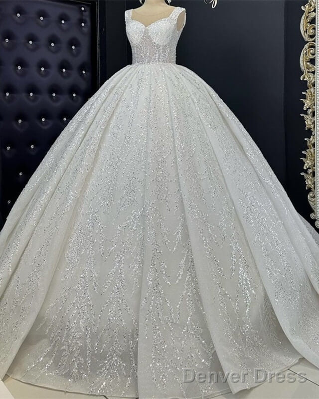 Ivory V Neck Sparkly Wedding Ball Gowns Dresses