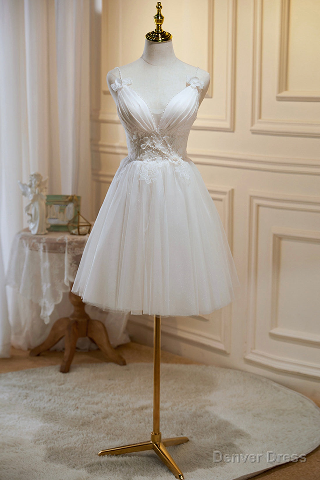 Ivory V Neck Tulle Lace Knee Length Prom Dress, Cute A Line Homecoming Dresses Main image