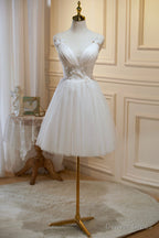 Ivory V Neck Tulle Lace Knee Length Prom Dress, Cute A Line Homecoming Dresses