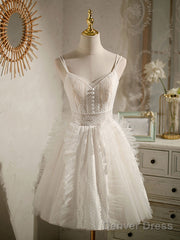 Ivory V Neck Tulle Lace Short Prom Dress Lace Cocktail Dress