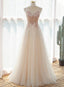 Ivory V Neckline Floor Length Tulle Prom Dress, Beaded Prom Dress