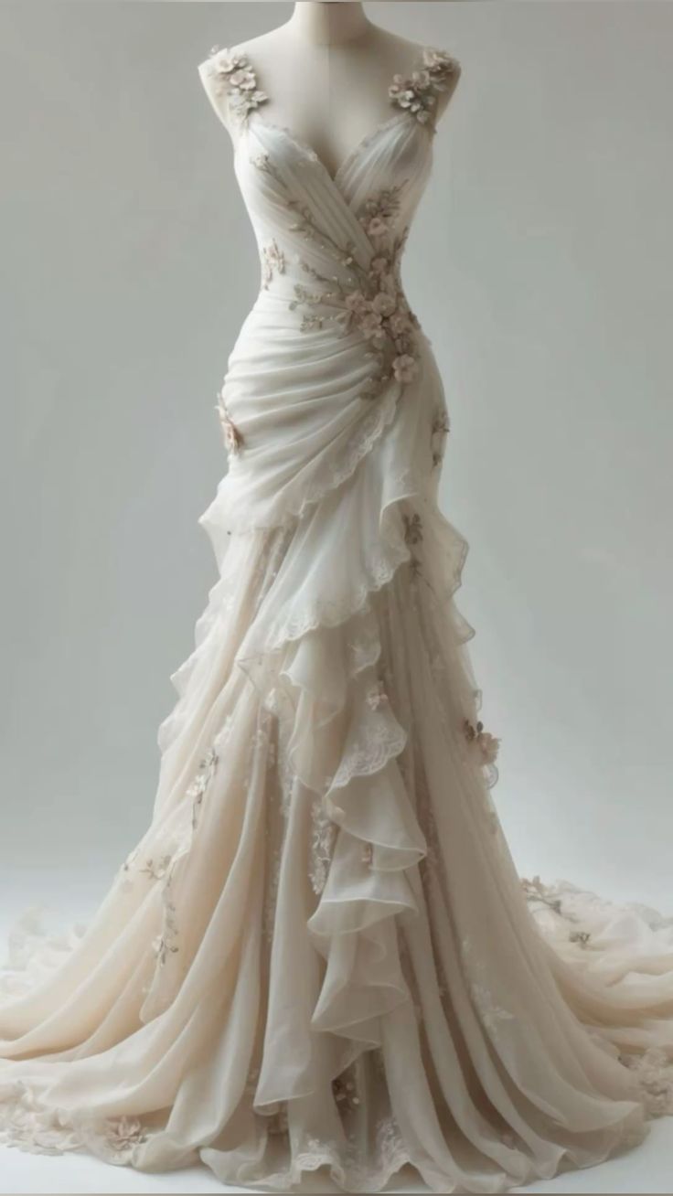 Ivory Vintage Floral Long Tulle Ball Gowns Wedding Dresses Main image