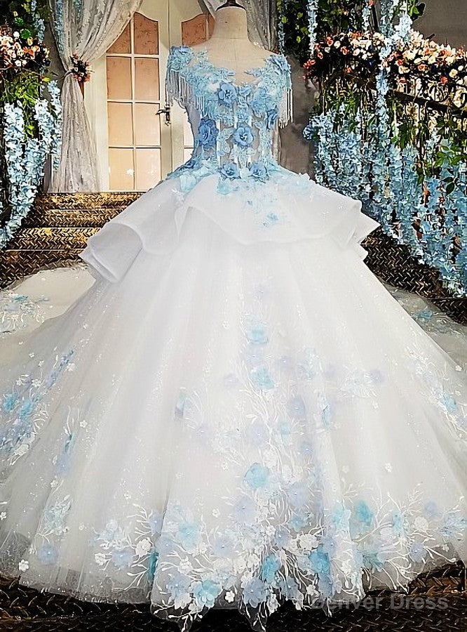 Ivory Wedding Dress With Blue Lace Flowers Backless Online Shop Main image