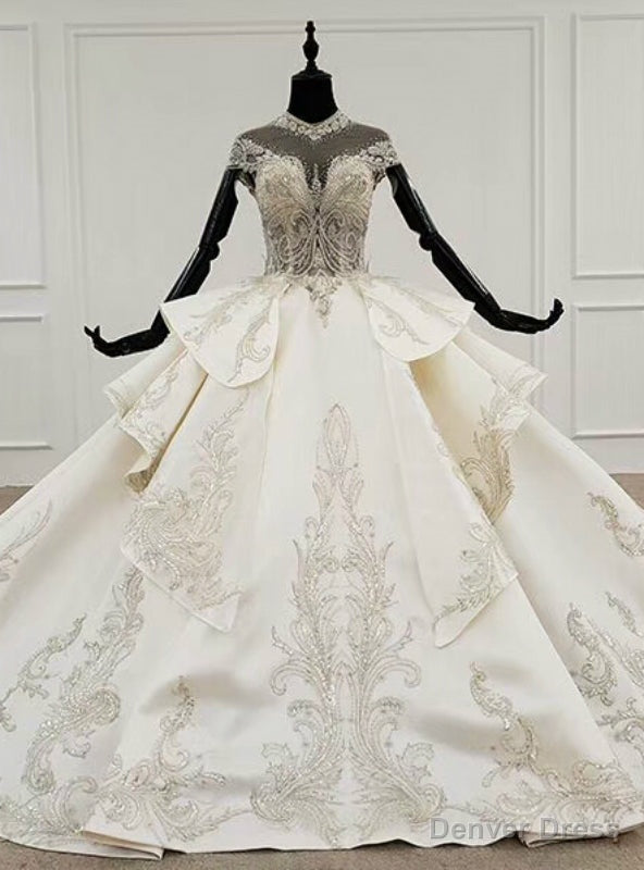 Ivory White Ball Gown Satin Cap Sleeve Beading Crystal Wedding Dress Main image