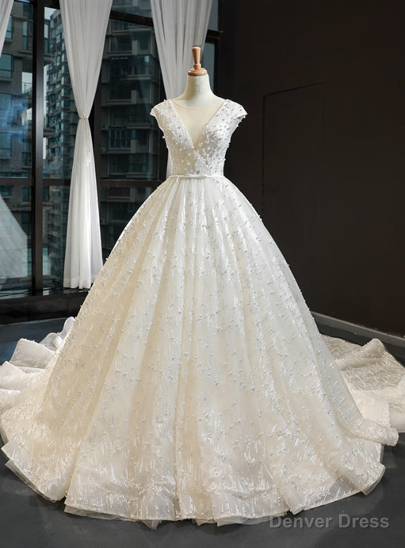Ivory White Ball Gown Tulle Appliques Backless Cap Sleeve Luxury Wedding Dress With Pearls Main image