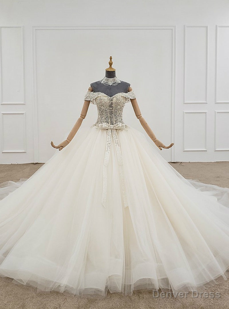 Ivory White Ball Gown Tulle Off the Shoulder Beading Wedding Dress Main image