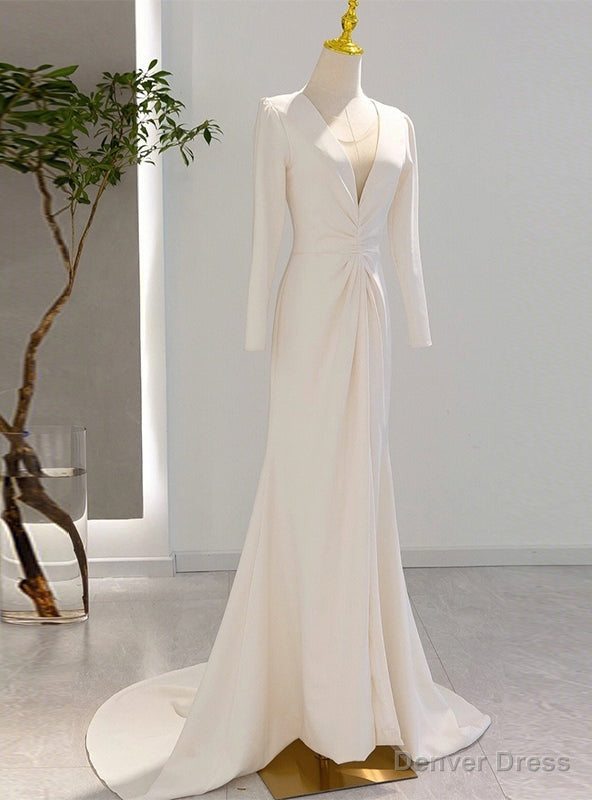 Ivory White Long Sleeve Satin Wedding Dress