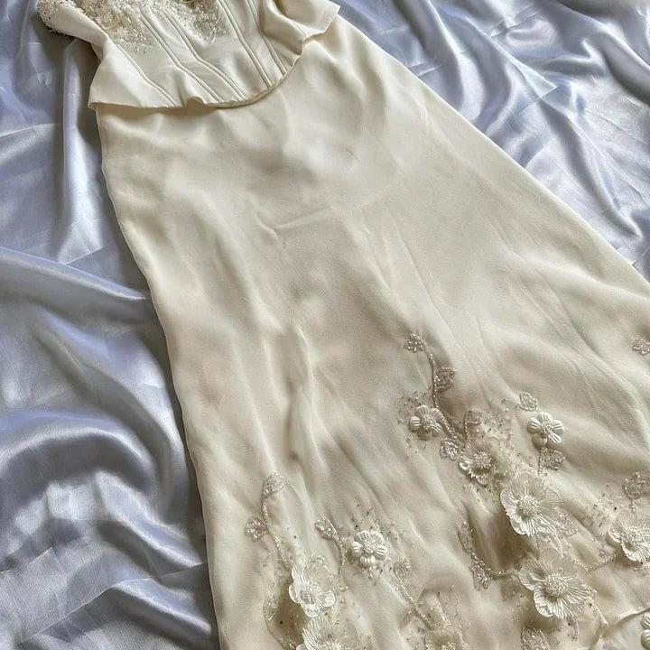 Ivory Luxury Gorgeous Fashion Exquisite Flowers Beading Long Chiffon Elegant Ball Gowns Prom Dress