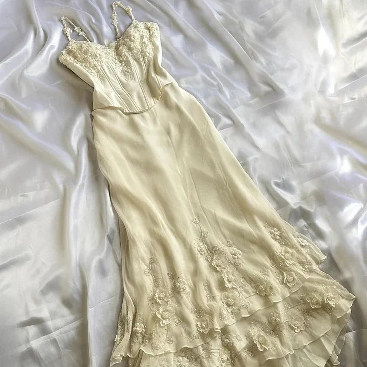 Ivory Luxury Gorgeous Fashion Exquisite Flowers Beading Long Chiffon Elegant Ball Gowns Prom Dress Main image