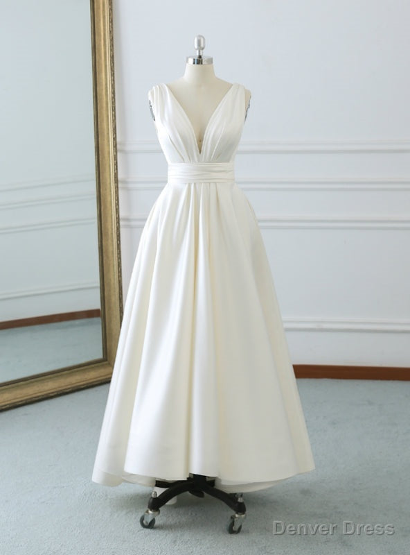 Ivory White Satin Deep V-neck Backless Tea Length Wedding Dress With Bow Main image
