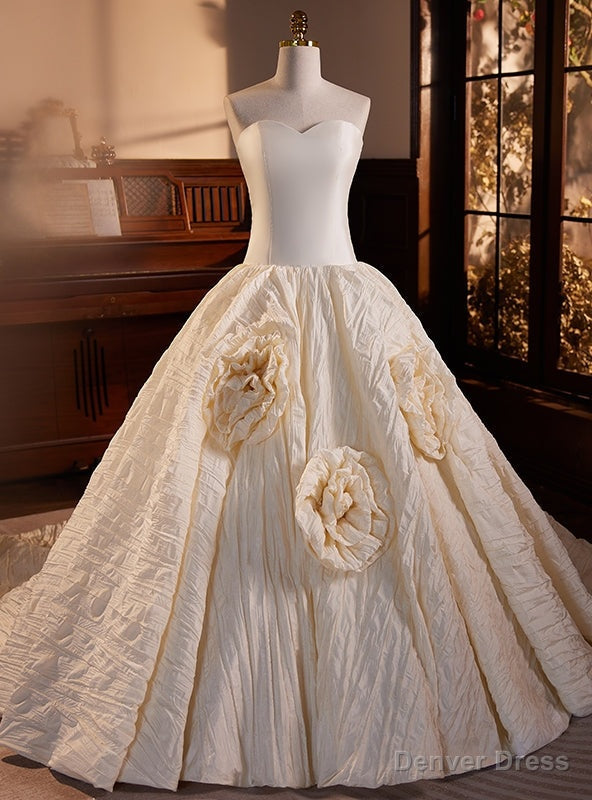 Ivory White Satin Strapless Flower Wedding Dress Main image