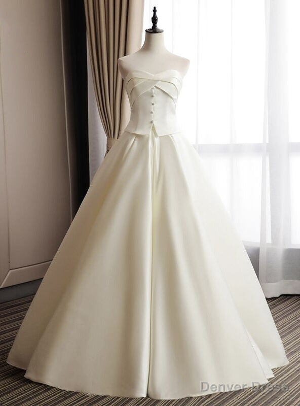 Ivory White Satin Sweetheart Button Wedding Dress Main image