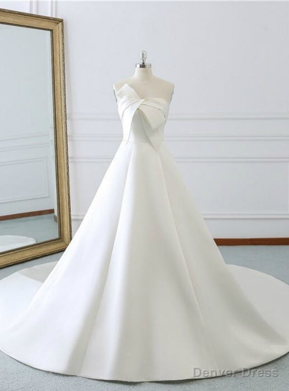 Ivory White Strapless Lotus Leaf Butterfly Satin Wedding Dress With Train Main image