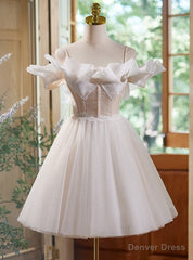 Ivory White Tulle Lace Spaghetti Straps Homecoming Dress