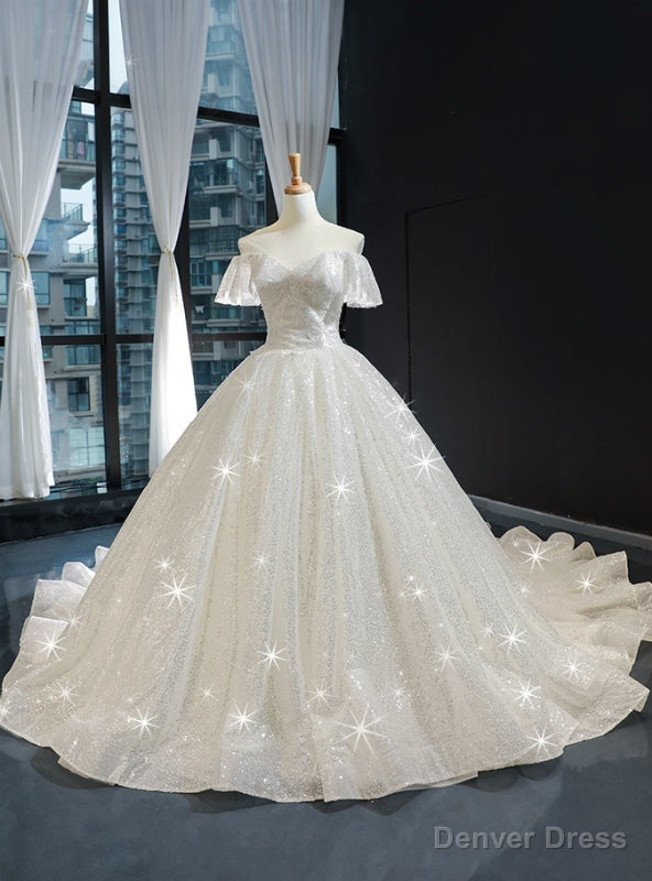 Ivory White Tulle Sequins Off the Shoulder Appliques Luxury Wedding Dress With Train Main image