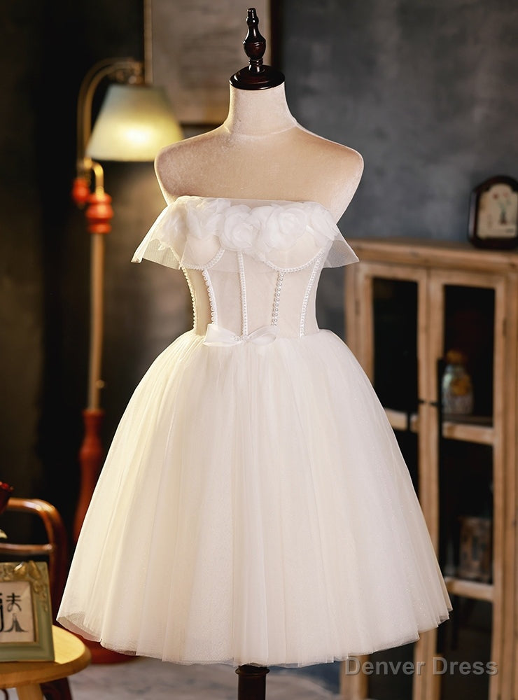 Ivory White Tulle Strapless Pearls Homecoming Dress Main image