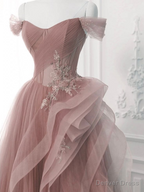 Pink A Line Off Shoulder Long Prom Dress Lace Prom Dresses