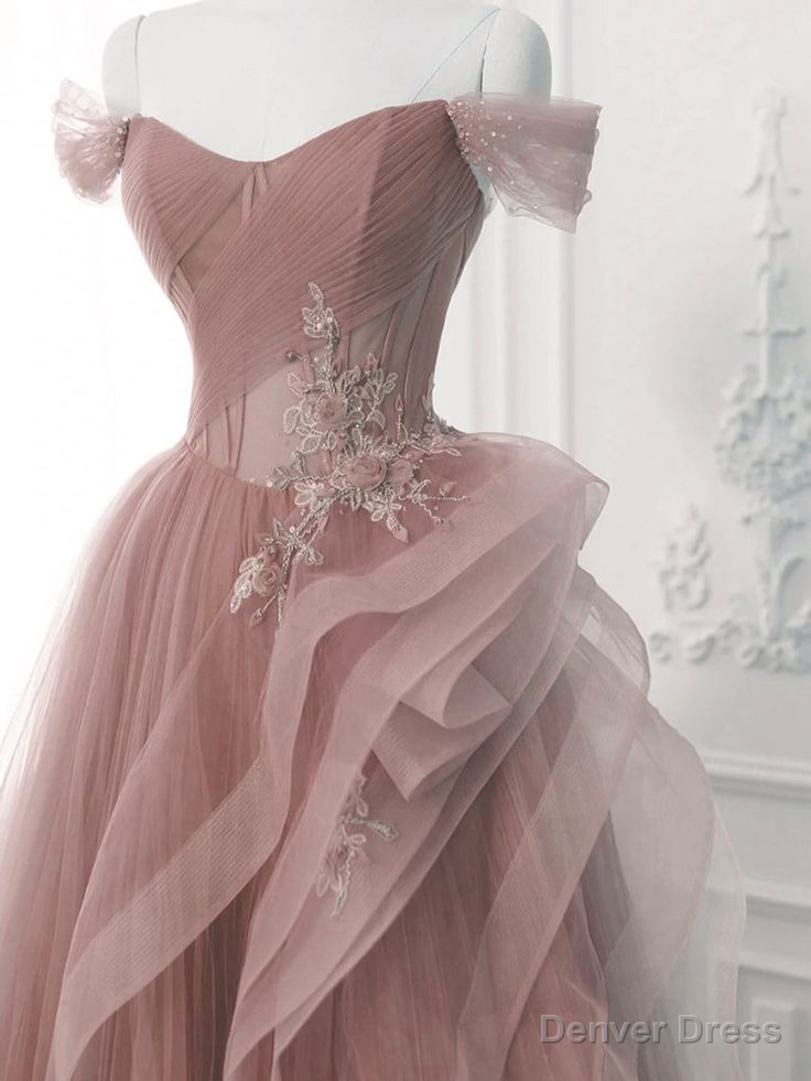Pink A Line Off Shoulder Long Prom Dress Lace Prom Dresses