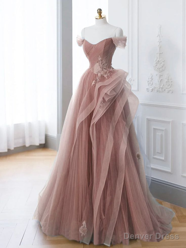 Pink A Line Off Shoulder Long Prom Dress Lace Prom Dresses Secondary image